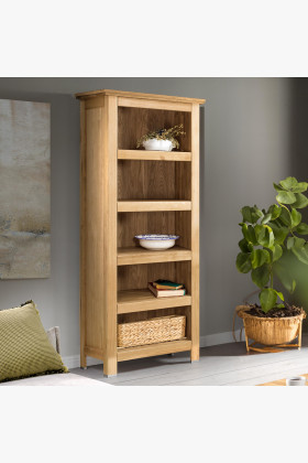 Tömör tölgyfa könyvespolc 4 polccal, természetes fa, 204 cm magas